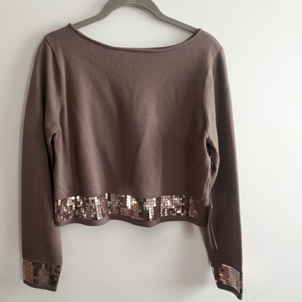 Eva Mendes Light Brown Sequin Accented Sweater Holiday Party~ Size Large